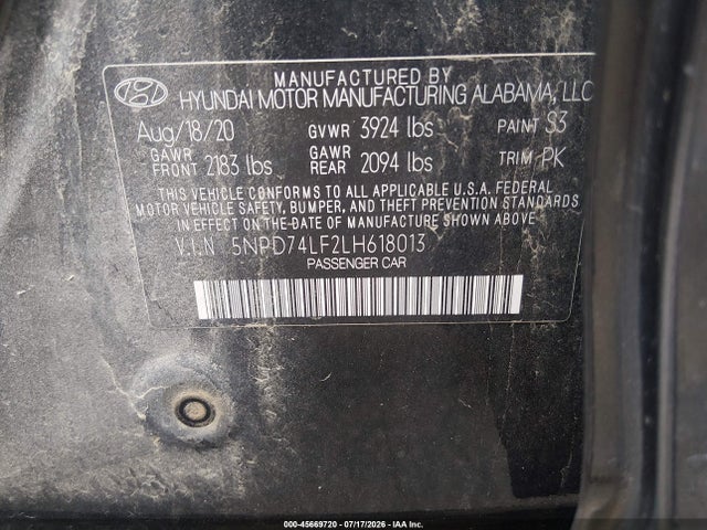 45669720 :رقم المزاد ، 5NPD74LF2LH618013 vin ، 2020 Hyundai Elantra Se مزاد بيع