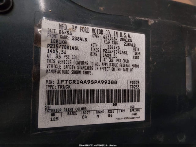 45669733 :رقم المزاد ، 1FTCR14A9SPA99388 vin ، 1995 Ford Ranger Super Cab مزاد بيع