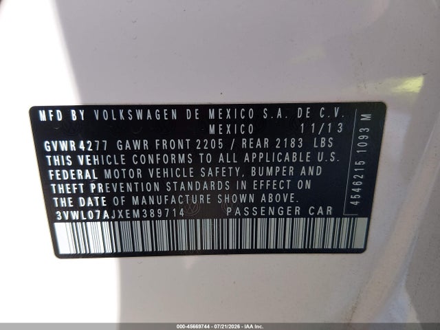 Продаж на аукціоні авто 2014 Volkswagen Jetta 1.8t Sel, vin: 3VWL07AJXEM389714, номер лоту: 45669744