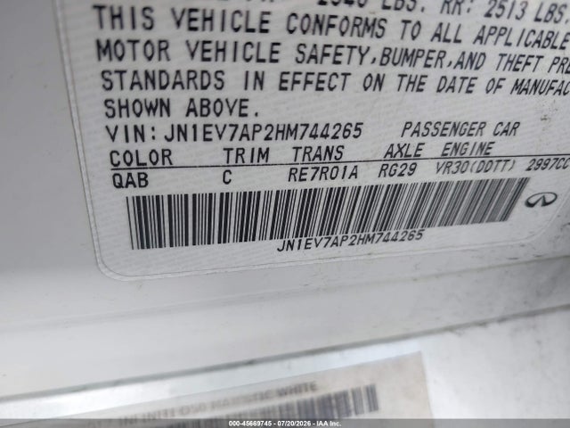 45669745 :رقم المزاد ، JN1EV7AP2HM744265 vin ، 2017 Infiniti Q50 3.0t Signature Edition مزاد بيع