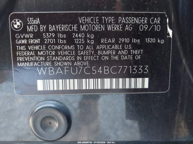 Aukcja sprzedaży 2011 Bmw 535i Xdrive, vin: WBAFU7C54BC771333, numer aukcji: 45669748