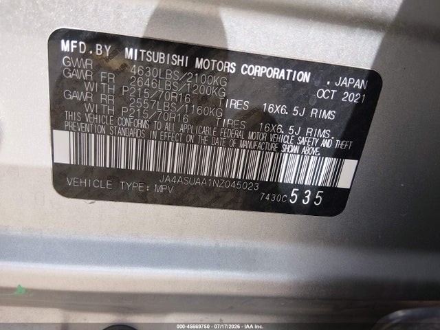 Продажа на аукционе авто 2022 Mitsubishi Eclipse Cross Es, vin: JA4ASUAA1NZ045023, номер лота: 45669750