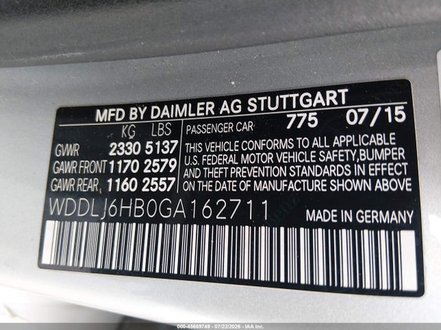 45669749 :رقم المزاد ، WDDLJ6HB0GA162711 vin ، 2016 Mercedes-benz Cls 400 4matic مزاد بيع