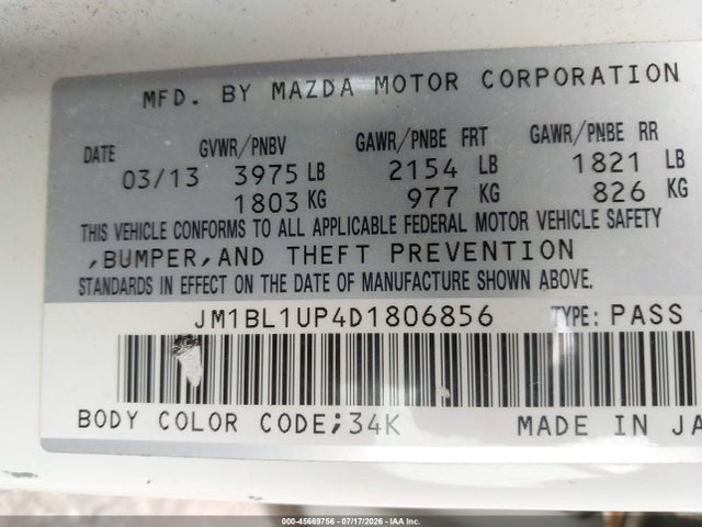 45669756 :رقم المزاد ، JM1BL1UP4D1806856 vin ، 2013 Mazda Mazda3 I Sport مزاد بيع