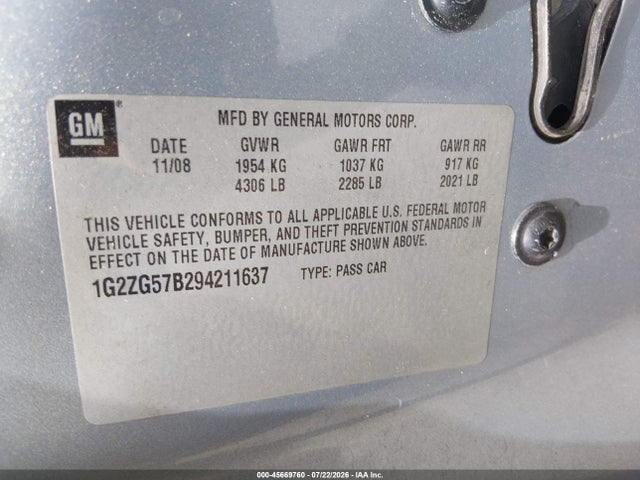 45669760 :رقم المزاد ، 1G2ZG57B294211637 vin ، 2009 Pontiac G6 مزاد بيع
