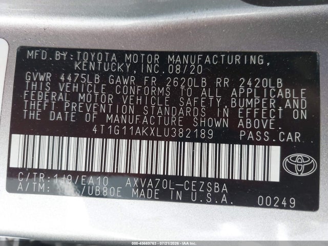2020 Toyota Camry Se მანქანა იყიდება აუქციონზე, vin: 4T1G11AKXLU382189, აუქციონის ნომერი: 45669763