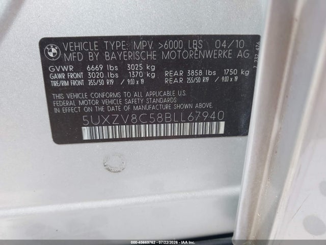 2011 Bmw X5 Xdrive50i მანქანა იყიდება აუქციონზე, vin: 5UXZV8C58BLL67940, აუქციონის ნომერი: 45669762
