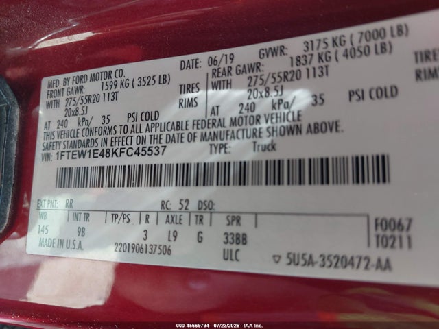 Aukcja sprzedaży 2019 Ford F-150 Platinum, vin: 1FTEW1E48KFC45537, numer aukcji: 45669794