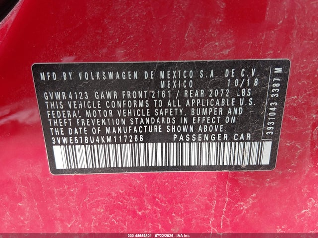 45669801 :رقم المزاد ، 3VWE57BU4KM117268 vin ، 2019 Volkswagen Jetta 1.4t Sel مزاد بيع
