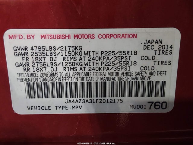 Продажа на аукционе авто 2015 Mitsubishi Outlander Se, vin: JA4AZ3A31FZ012175, номер лота: 45669810
