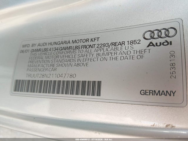 45669812 :رقم المزاد ، TRUUT28N211047780 vin ، 2001 Audi Tt مزاد بيع