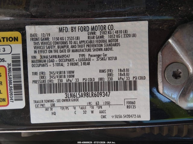 Lincoln Mkz Standard 2020 3LN6L5A98LR609347 Image 9