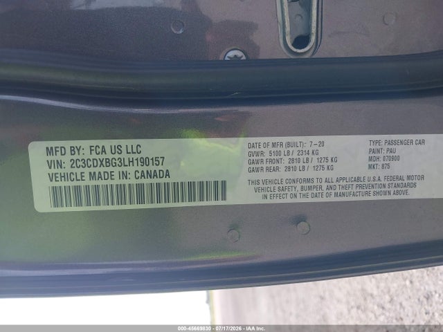 45669830 :رقم المزاد ، 2C3CDXBG3LH190157 vin ، 2020 Dodge Charger Sxt Rwd مزاد بيع