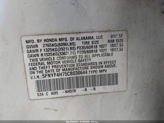 Aukcja sprzedaży 2012 Honda Pilot Ex-l, vin: 5FNYF4H75CB030644, numer aukcji: 45669833