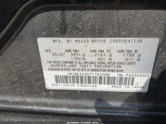 45669835 :رقم المزاد ، JM1BK323671763088 vin ، 2007 Mazda Mazda3 S Grand Touring مزاد بيع