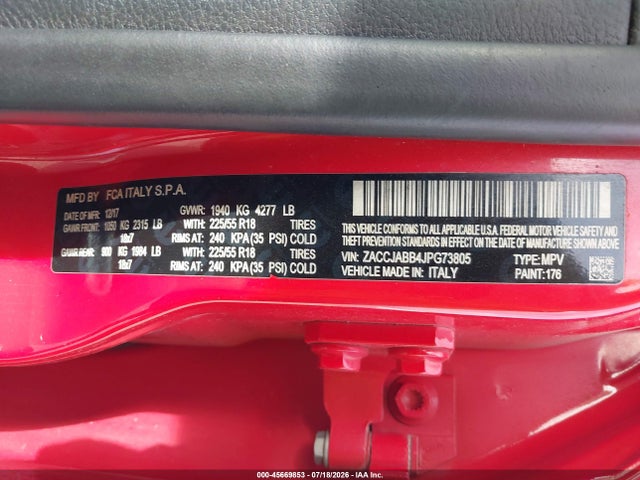 Продажа на аукционе авто 2018 Jeep Renegade Altitude Fwd, vin: ZACCJABB4JPG73805, номер лота: 45669853