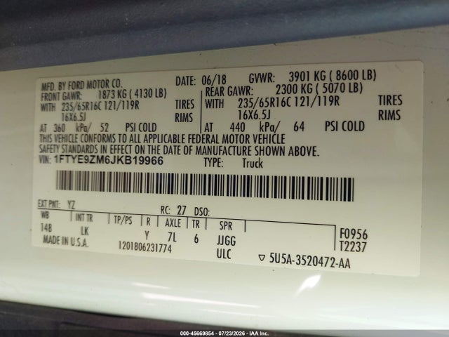 Auction sale of the 2018 Ford Transit-150, vin: 1FTYE9ZM6JKB19966, lot number: 45669854