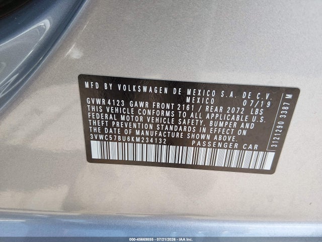 Aukcja sprzedaży 2019 Volkswagen Jetta 1.4t R-line/1.4t S/1.4t Se, vin: 3VWC57BU6KM234132, numer aukcji: 45669855