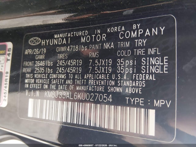 Aukcja sprzedaży 2019 Hyundai Tucson Sport, vin: KM8J33AL6KU027054, numer aukcji: 45669857