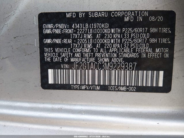 Продаж на аукціоні авто 2021 Subaru Crosstrek Premium, vin: JF2GTACC3M9229387, номер лоту: 45669862
