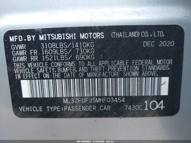 Aukcja sprzedaży 2021 Mitsubishi Mirage G4 Carbonite Edition/es/le, vin: ML32FUFJ5MHF03454, numer aukcji: 45669863