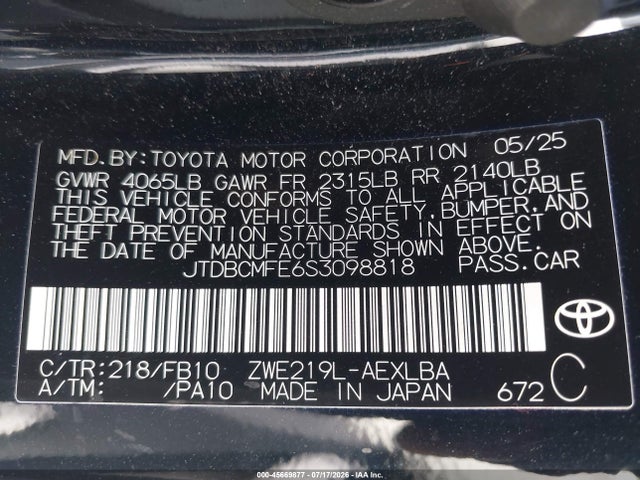 Продаж на аукціоні авто 2025 Toyota Corolla Hybrid Le, vin: JTDBCMFE6S3098818, номер лоту: 45669877