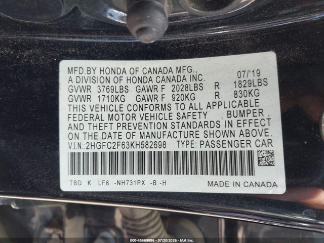 Honda Civic Lx 2019 2HGFC2F63KH582698 Image 9