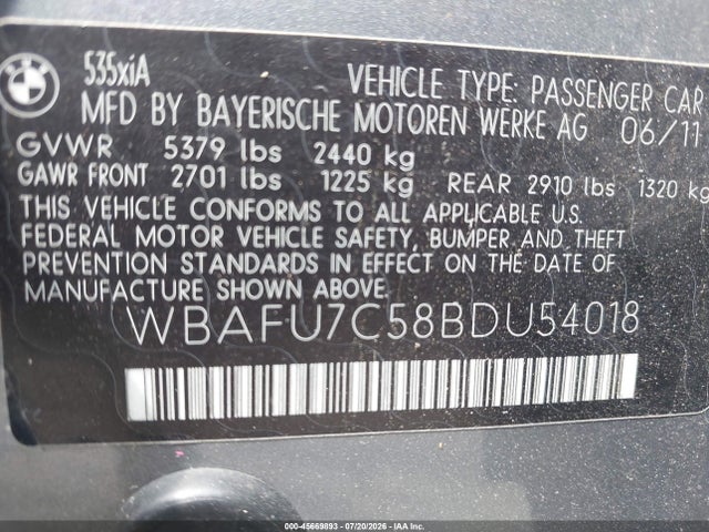 Aukcja sprzedaży 2011 Bmw 535i Xdrive, vin: WBAFU7C58BDU54018, numer aukcji: 45669893