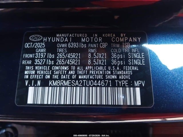 Aukcja sprzedaży 2026 Hyundai Palisade Hev Calligraphy, vin: KM8RMESA2TU044671, numer aukcji: 45669895