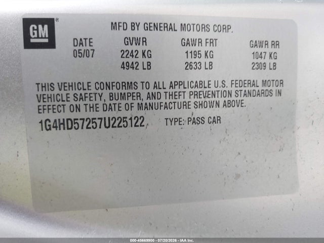 Aukcja sprzedaży 2007 Buick Lucerne Cxl, vin: 1G4HD57257U225122, numer aukcji: 45669900