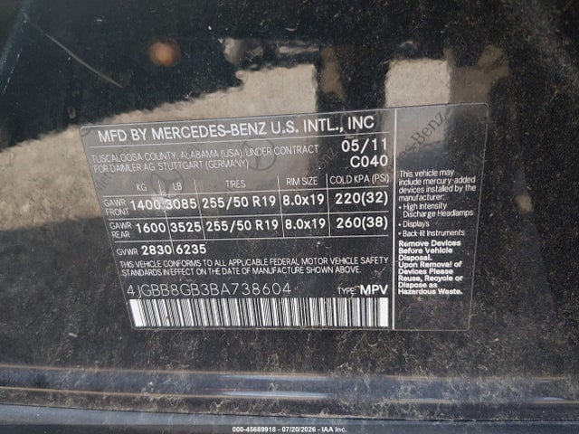 Aukcja sprzedaży 2011 Mercedes-benz Ml 350 4matic, vin: 4JGBB8GB3BA738604, numer aukcji: 45669918