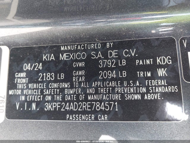 Aukcja sprzedaży 2024 Kia Forte Lxs, vin: 3KPF24AD2RE784571, numer aukcji: 45669921