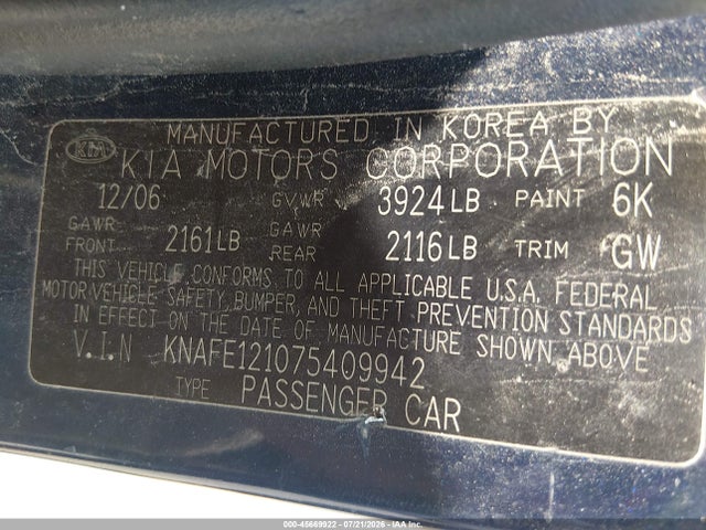 Продажа на аукционе авто 2007 Kia Spectra Ex, vin: KNAFE121075409942, номер лота: 45669922
