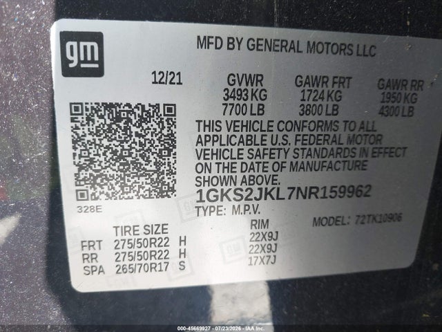 Продаж на аукціоні авто 2022 Gmc Yukon Xl 4wd Denali, vin: 1GKS2JKL7NR159962, номер лоту: 45669927