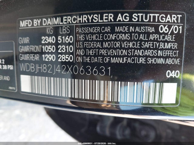Продажа на аукционе авто 2002 Mercedes-benz E 320 4m, vin: WDBJH82J42X063631, номер лота: 45669931