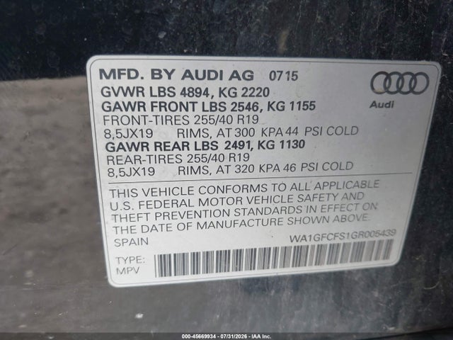 Продажа на аукционе авто 2016 Audi Q3 2.0t Premium Plus, vin: WA1GFCFS1GR005439, номер лота: 45669934