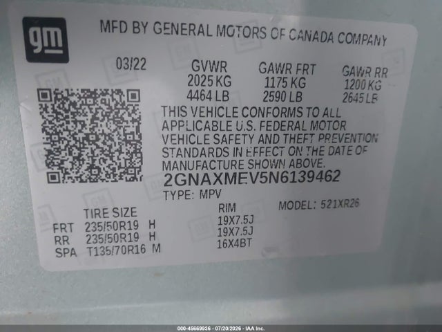 Продажа на аукционе авто 2022 Chevrolet Equinox Fwd Rs, vin: 2GNAXMEV5N6139462, номер лота: 45669936