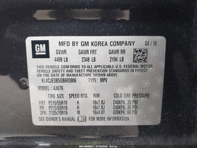2016 Buick Encore მანქანა იყიდება აუქციონზე, vin: KL4CJESB5GB693906, აუქციონის ნომერი: 45669937