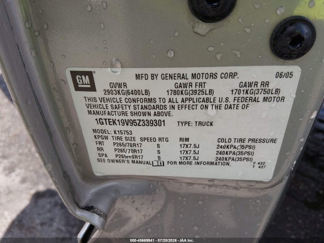 45669941 :رقم المزاد ، 1GTEK19V95Z339301 vin ، 2005 Gmc Sierra 1500 Sle مزاد بيع