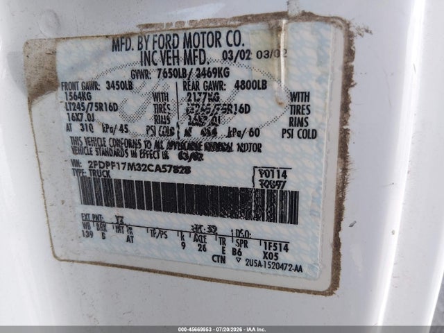 Aukcja sprzedaży 2002 Ford F-150 Xl, vin: 2FDPF17M32CA57828, numer aukcji: 45669953
