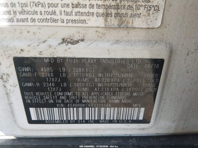 45669962 :رقم المزاد ، 4S4BRBKC6B3320566 vin ، 2011 Subaru Outback 2.5i Limited مزاد بيع