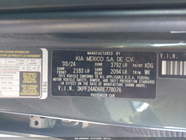 2024 Kia Forte Lxs მანქანა იყიდება აუქციონზე, vin: 3KPF24AD6RE778076, აუქციონის ნომერი: 45669964
