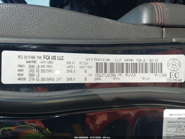 45669980 :رقم المزاد ، 1C4SDJCT1JC213452 vin ، 2018 Dodge Durango R/t مزاد بيع