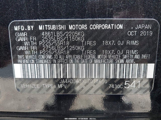 2020 Mitsubishi Outlander Sel 2.4 მანქანა იყიდება აუქციონზე, vin: JA4AD3A3XLZ018650, აუქციონის ნომერი: 45669986