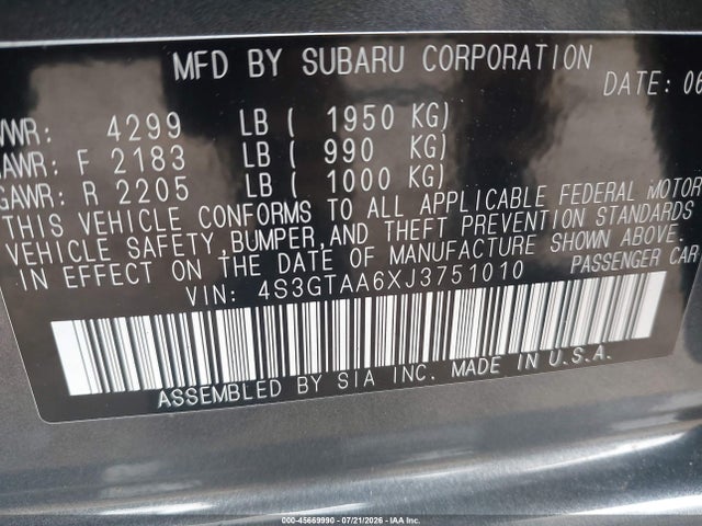 Subaru Impreza 2.0i 2018 4S3GTAA6XJ3751010 Image 9