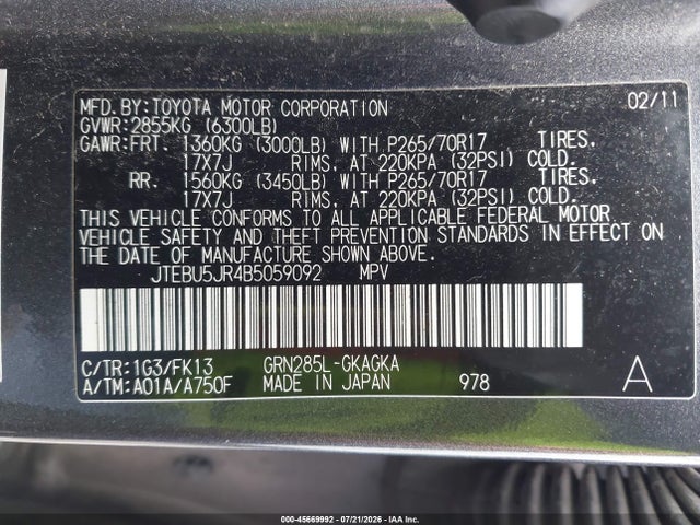 45669992 :رقم المزاد ، JTEBU5JR4B5059092 vin ، 2011 Toyota 4runner Sr5 V6 مزاد بيع