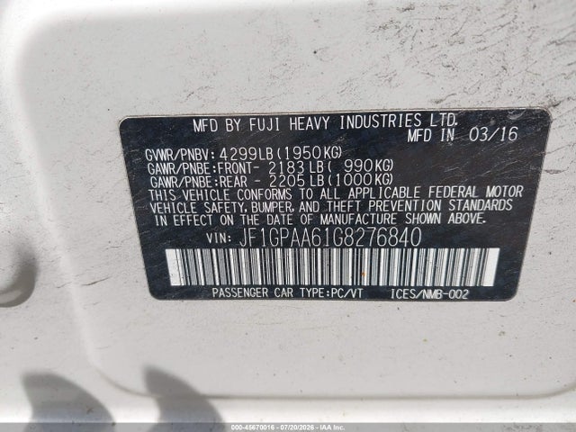 Aukcja sprzedaży 2016 Subaru Impreza 2.0i, vin: JF1GPAA61G8276840, numer aukcji: 45670016
