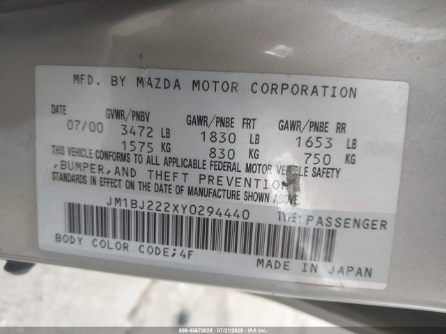 2000 Mazda Protege Dx/lx მანქანა იყიდება აუქციონზე, vin: JM1BJ222XY0294440, აუქციონის ნომერი: 45670028