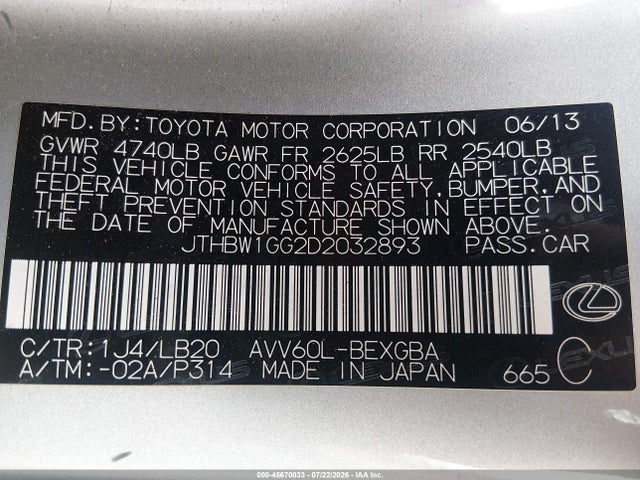Aukcja sprzedaży 2013 Lexus Es 300h, vin: JTHBW1GG2D2032893, numer aukcji: 45670033