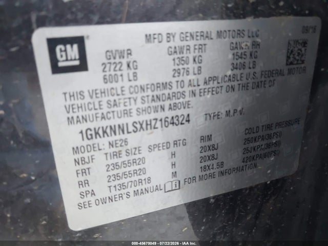 Aukcja sprzedaży 2017 Gmc Acadia Slt-2, vin: 1GKKNNLSXHZ164324, numer aukcji: 45670049
